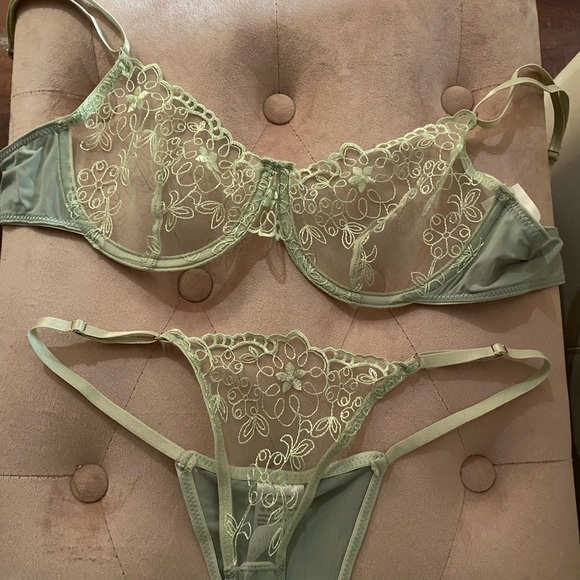 Pure Desire Sage Green 🌿 sheer/mesh embroidery Bra & thong Medium🔥Never worn🔥 - Picture 7 of 11